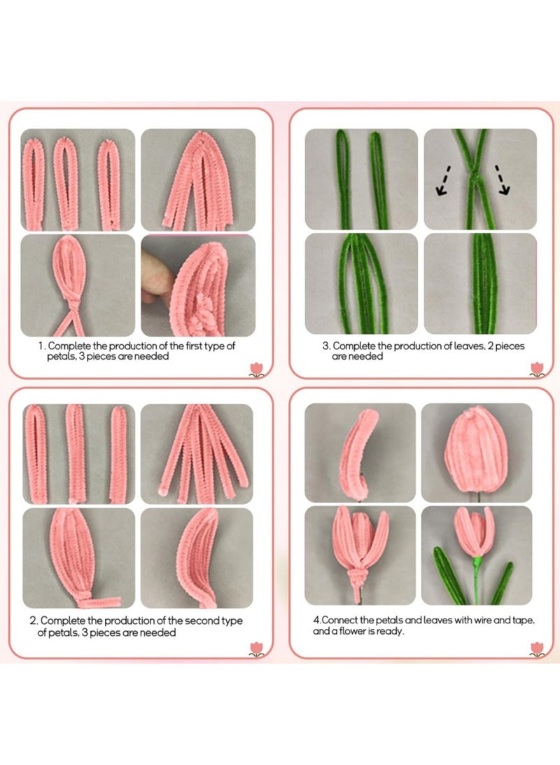 saykfoe Tulip Pipe Cleaners for Craft, 30cm Green and Pink Pipe Cleaners, Fuzzy Sticks Craft Supplies, Chenille Stems with Flower Pole, Flower Core & Gardening Tape, Arts & Crafts for DIY(16 Flowers) - Image 3